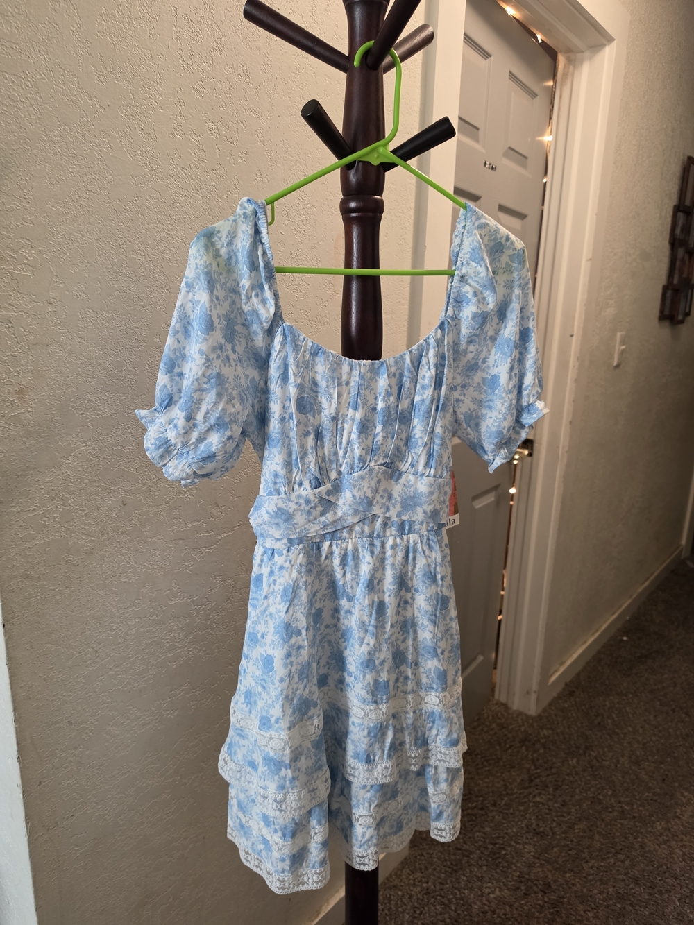 Altar'd State Blue and White Floral Puff Sleeve Mini Dress
